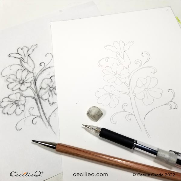Creative sketch of the primrose, and a tracing on watercolor paper.
