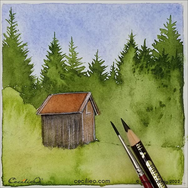 Add white and dark details to the shed with gouache and brown colored pencil.
