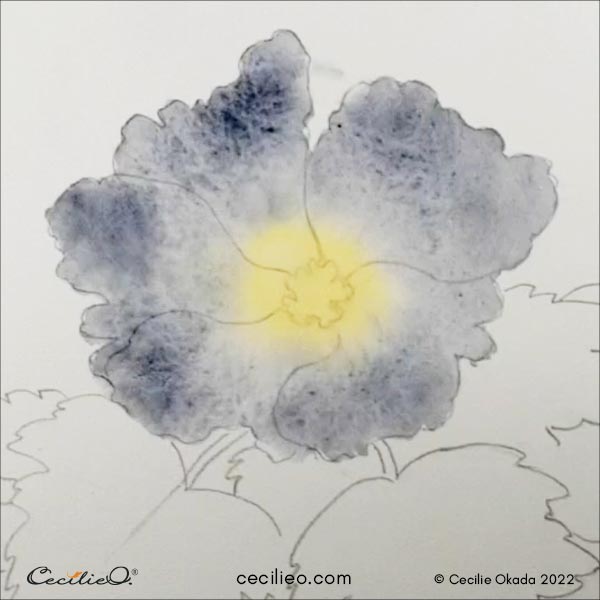 Painting the petals grey and the center yellow with watercolor. 
