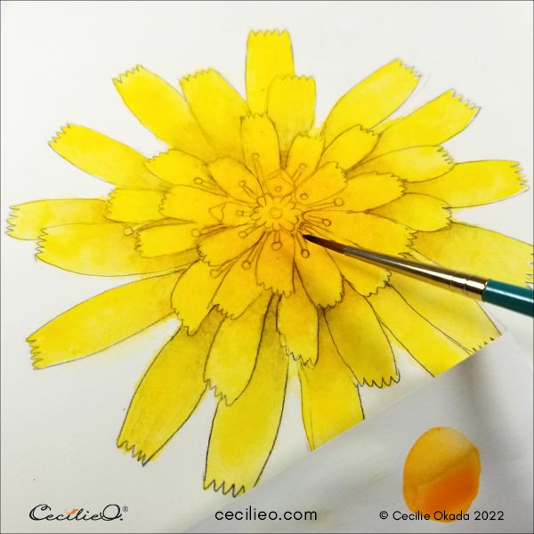 Adding more bright yellow to the center of the flower.
