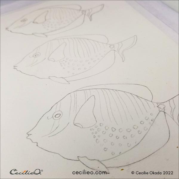 The same fish transferred to watercolor paper three times.