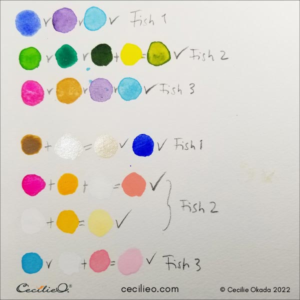 Watercolor color palettes for the first painting of the three fish.
