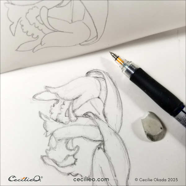 Sketching the glass orchid, tracing a clean outline.