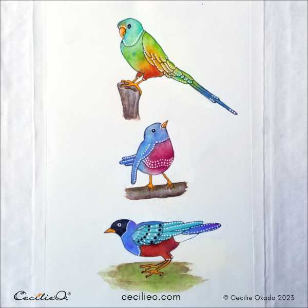 All three birds together. A creative mindfulness project with three pretty, colorful birds.