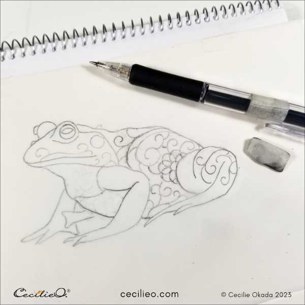 Tracing of the frog sketch with added embellishments.