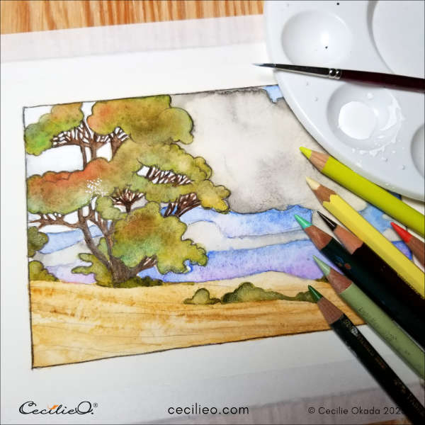 Using white gouache to highlight the clouds and for contrast behind the tree branches. Colored pencils to enhance.